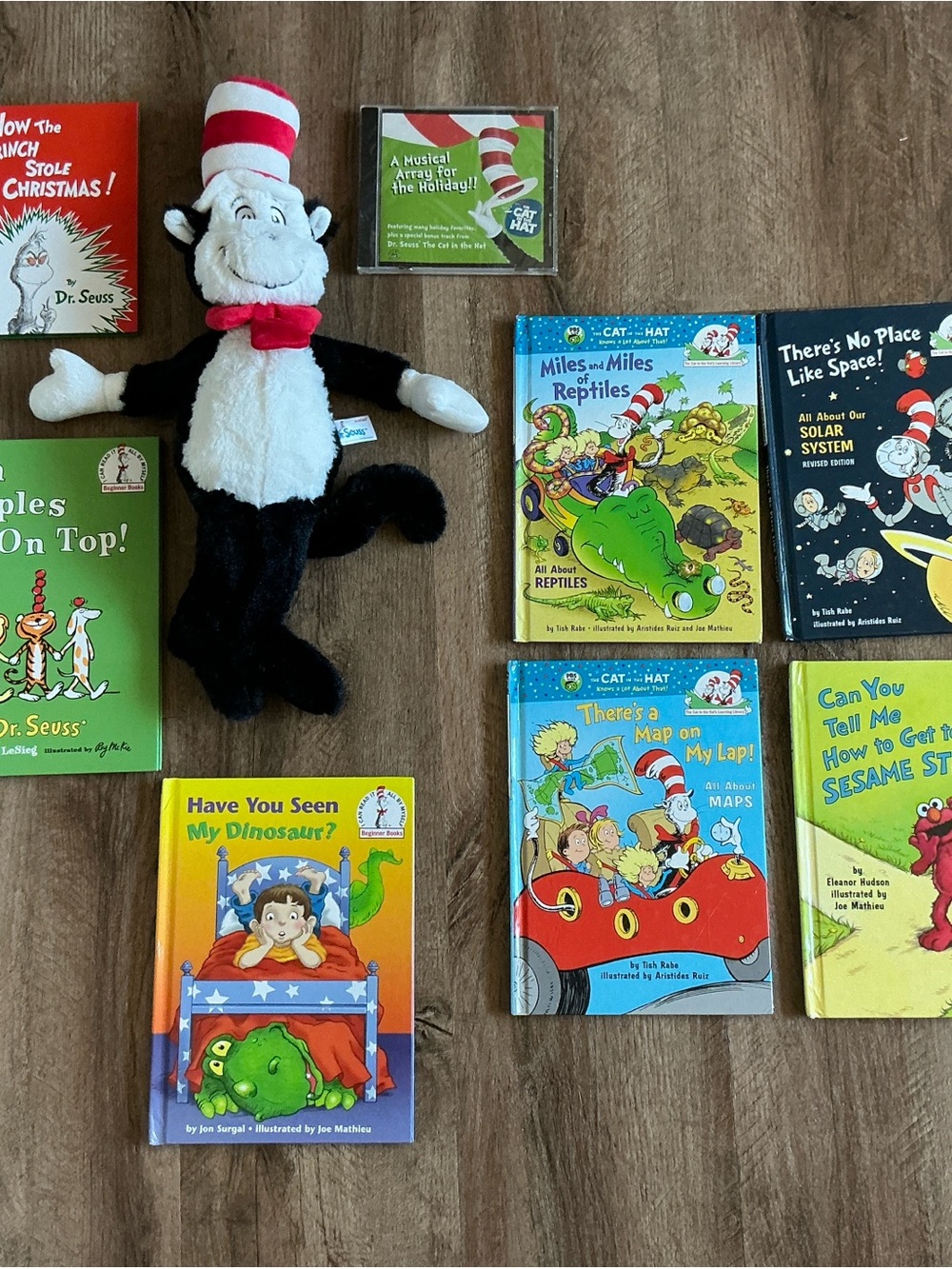 Dr Seuss Cat In The Hat Lot Stuffed Animal Books Music CD Sesame Street Dinosaur